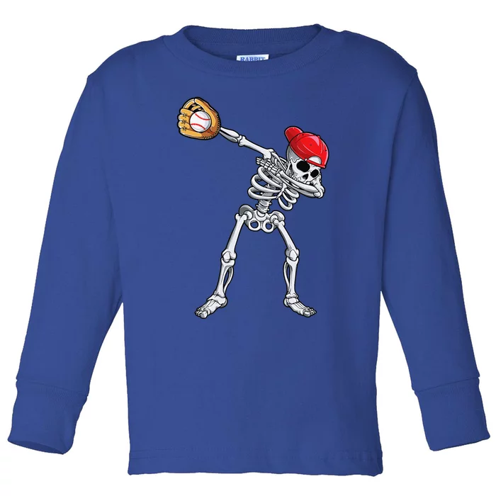 Dabbing Skeleton Baseball Halloween Player Catcher Pitcher Toddler Long Sleeve Shirt