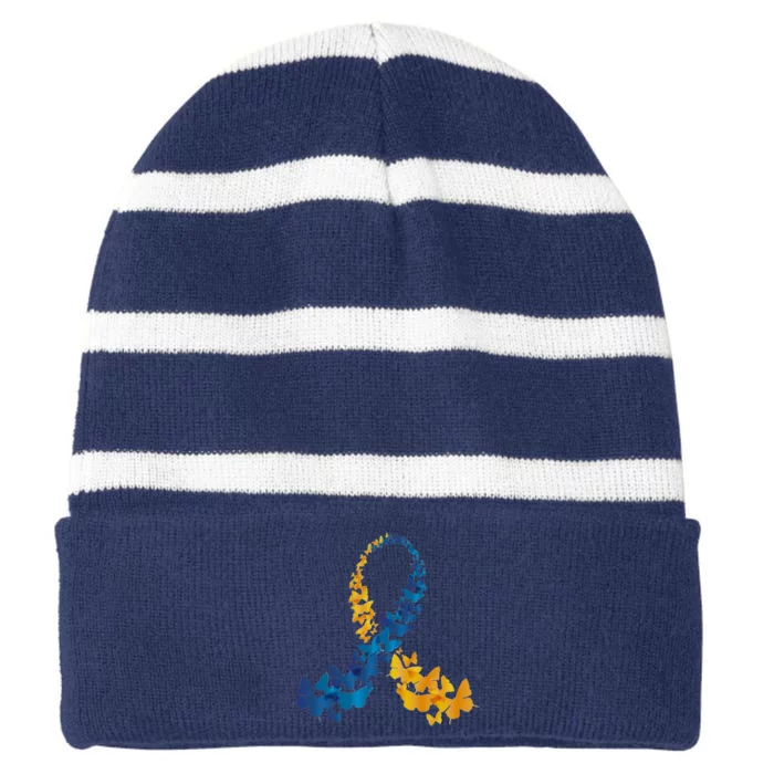 Down Syndrome Butterfly Awareness Striped Beanie with Solid Band