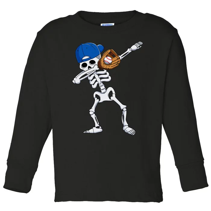 Dabbing Skeleton Baseball Player Halloween Kids Toddler Long Sleeve Shirt