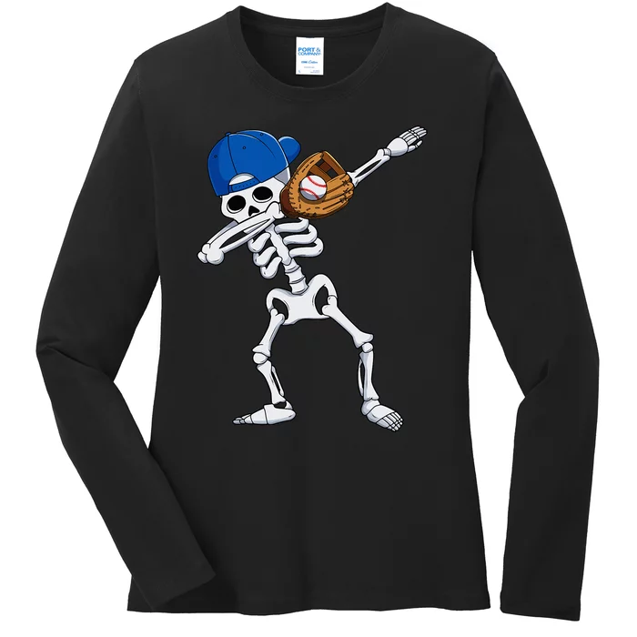 Dabbing Skeleton Baseball Player Halloween Kids Ladies Long Sleeve Shirt