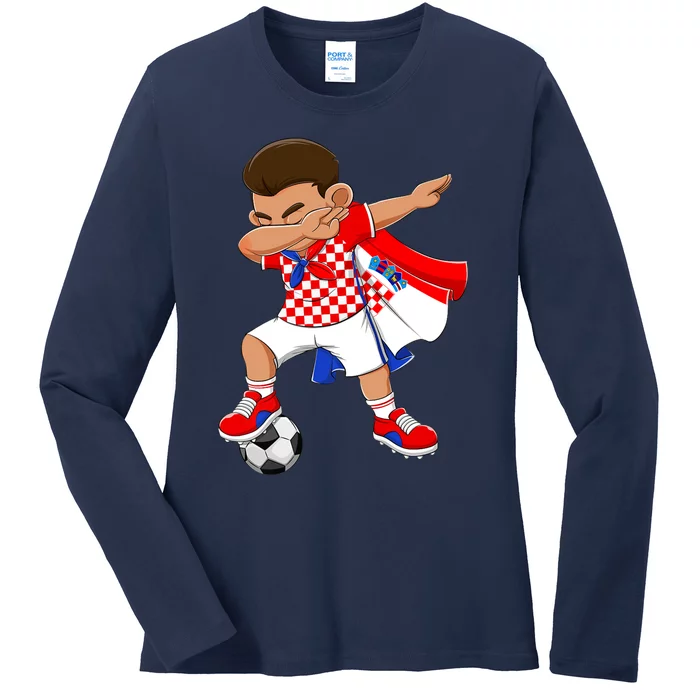 Dabbing Soccer Boy Croatia Football Flag Ladies Long Sleeve Shirt