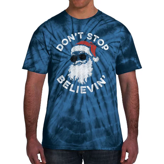 Don't Stop Believin' Cool Shades Santa Tie-Dye T-Shirt