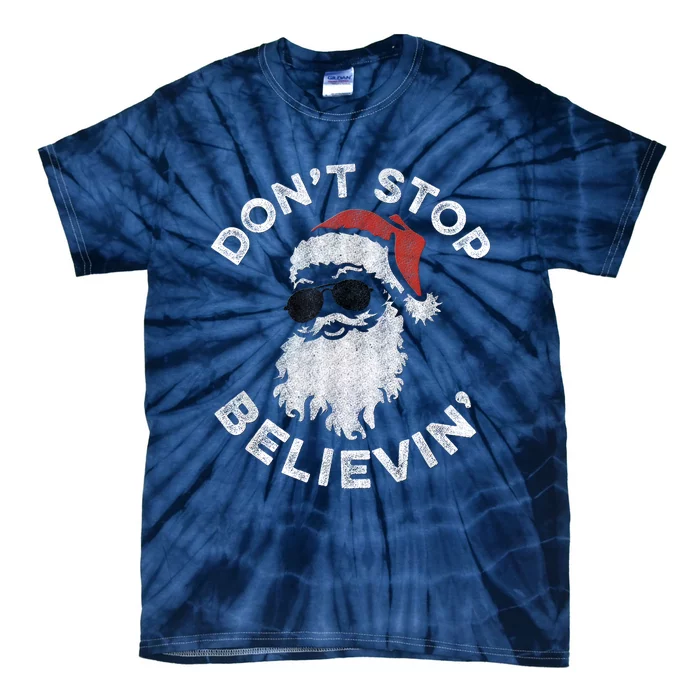 Don't Stop Believin' Cool Shades Santa Tie-Dye T-Shirt