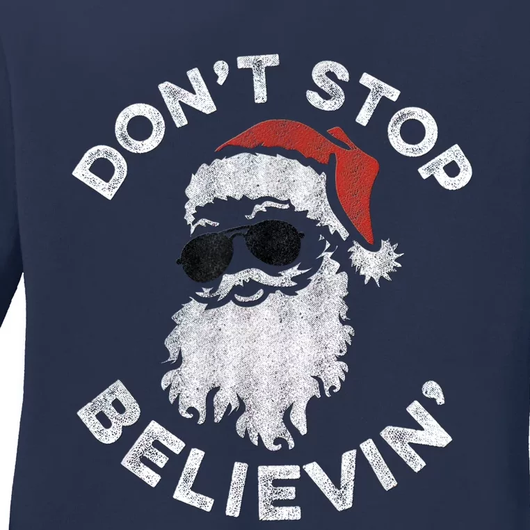 Don't Stop Believin' Cool Shades Santa Ladies Long Sleeve Shirt