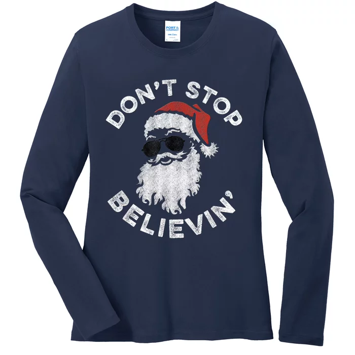 Don't Stop Believin' Cool Shades Santa Ladies Long Sleeve Shirt