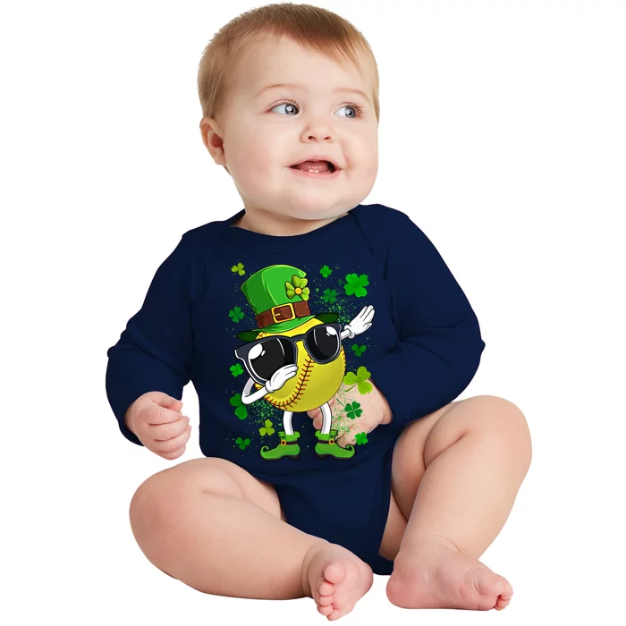 Dabbing Softball Ball Leprechaun St Patrick's Day Cute Gift Baby Long Sleeve Bodysuit