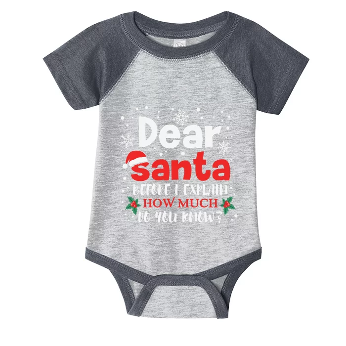 Dear Santa Before I Explain How Much Do You Know Infant Baby Jersey Bodysuit