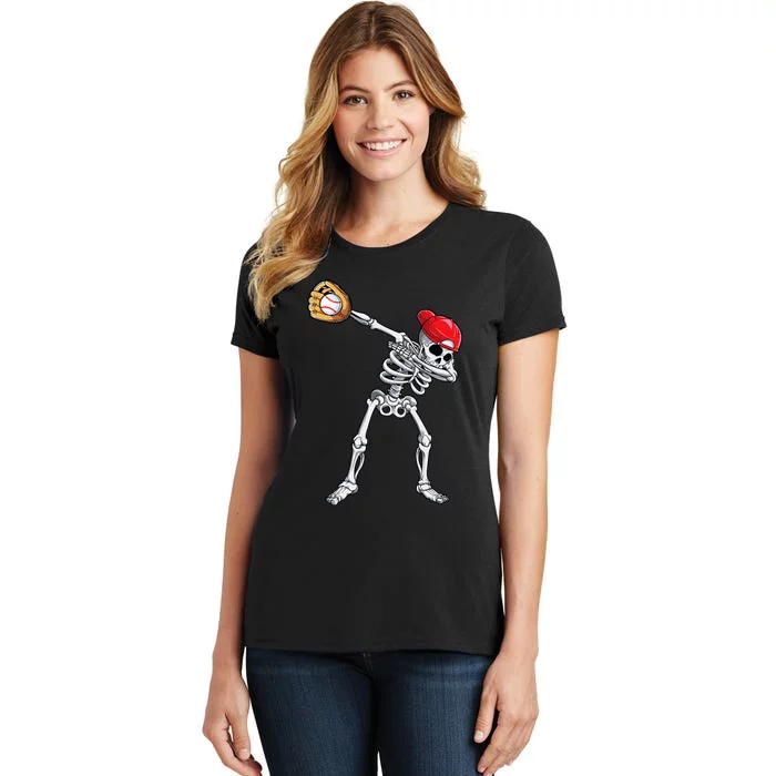 Dabbing Skeleton Baseball Halloween Player Catcher Pitcher Women's T-Shirt