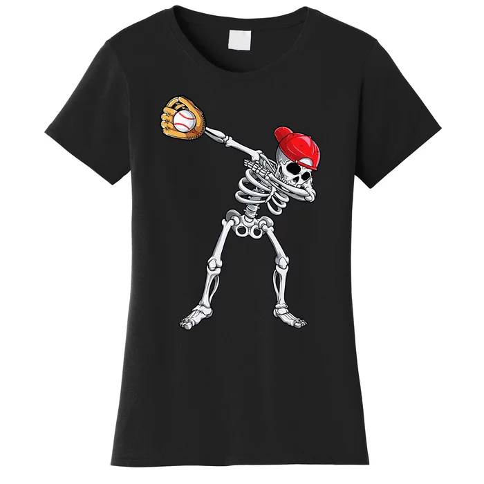 Dabbing Skeleton Baseball Halloween Player Catcher Pitcher Women's T-Shirt