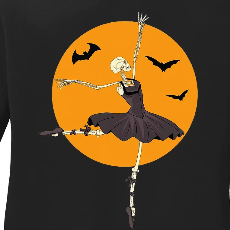 Dancing Skeleton Ballerina Ballet Dance Halloween Ladies Long Sleeve Shirt