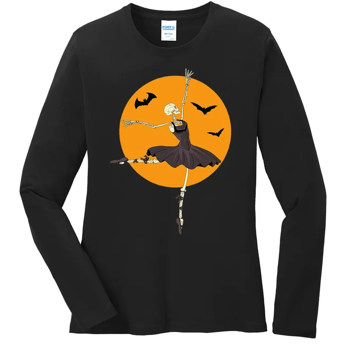 Dancing Skeleton Ballerina Ballet Dance Halloween Ladies Long Sleeve Shirt