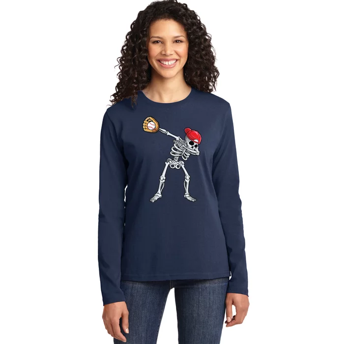 Dabbing Skeleton Baseball Halloween Player Catcher Pitcher Ladies Long Sleeve Shirt