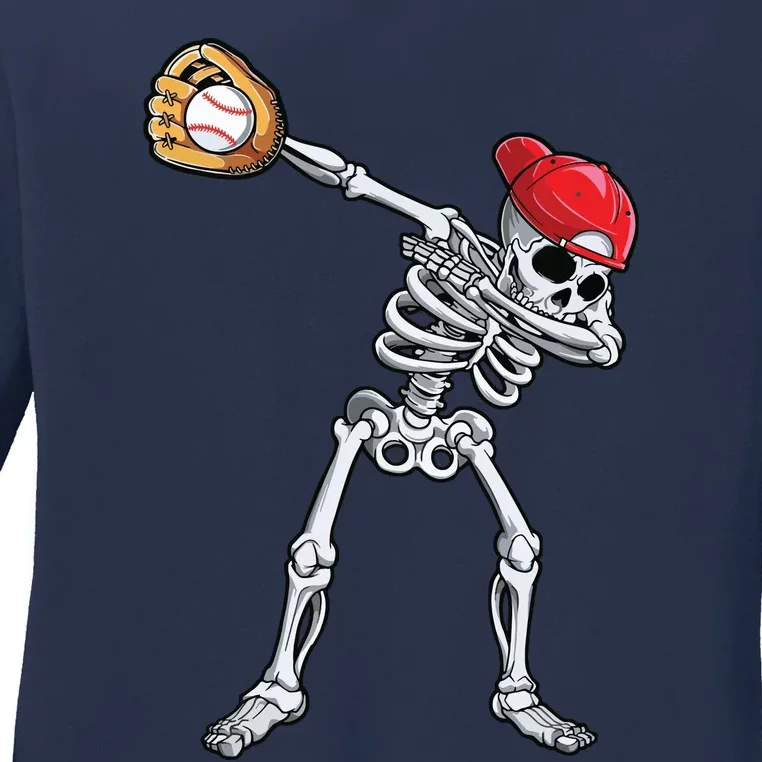 Dabbing Skeleton Baseball Halloween Player Catcher Pitcher Ladies Long Sleeve Shirt