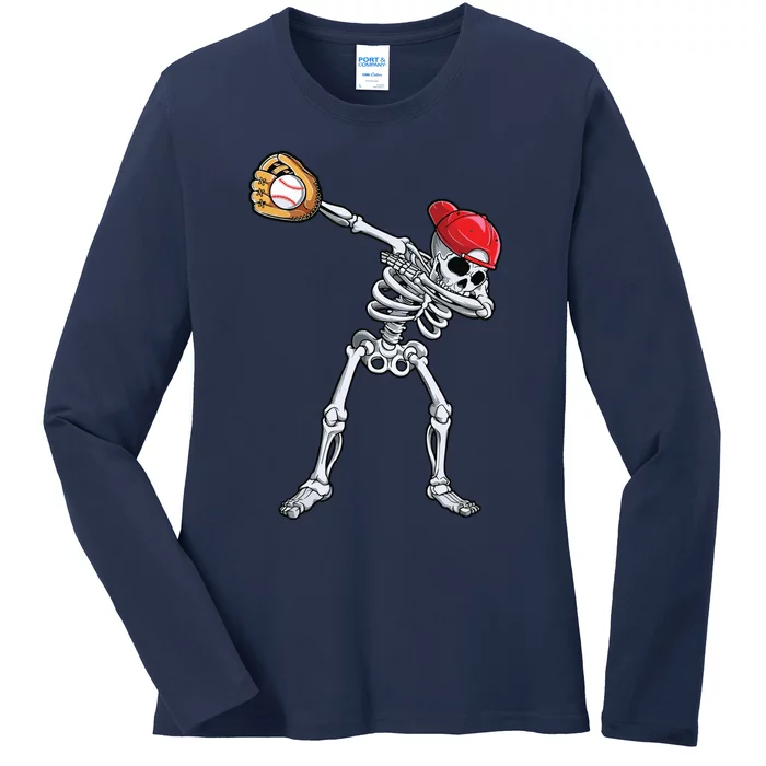 Dabbing Skeleton Baseball Halloween Player Catcher Pitcher Ladies Long Sleeve Shirt