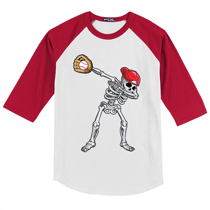 Dabbing Skeleton Baseball Halloween Player Catcher Pitcher Kids Colorblock Raglan Jersey