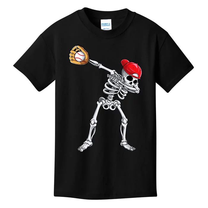 Dabbing Skeleton Baseball Halloween Player Catcher Pitcher Kids T-Shirt