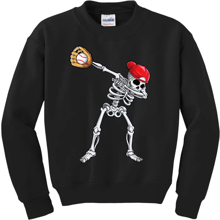 Dabbing Skeleton Baseball Halloween Player Catcher Pitcher Kids Sweatshirt