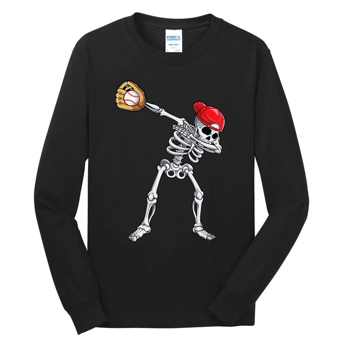 Dabbing Skeleton Baseball Halloween Player Catcher Pitcher Tall Long Sleeve T-Shirt