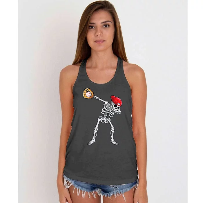 Dabbing Skeleton Baseball Halloween Player Catcher Pitcher Women's Knotted Racerback Tank