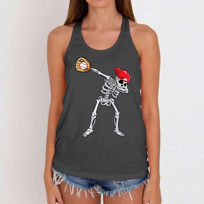 Dabbing Skeleton Baseball Halloween Player Catcher Pitcher Women's Knotted Racerback Tank