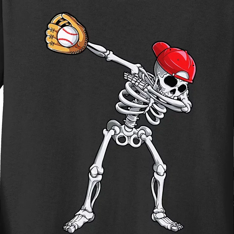 Dabbing Skeleton Baseball Halloween Player Catcher Pitcher Kids Long Sleeve Shirt