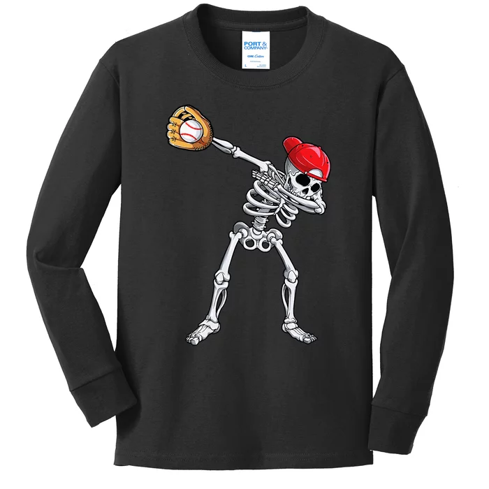 Dabbing Skeleton Baseball Halloween Player Catcher Pitcher Kids Long Sleeve Shirt