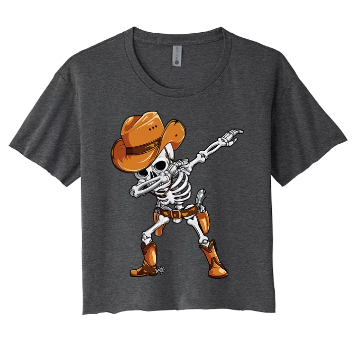 Dabbing Skeleton Cowboy Halloween Funny Dab Dance Women's Crop Top Tee