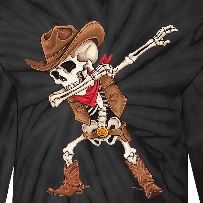 Dabbing Skeleton Cowboy Halloween Costume Gift Tie-Dye Long Sleeve Shirt