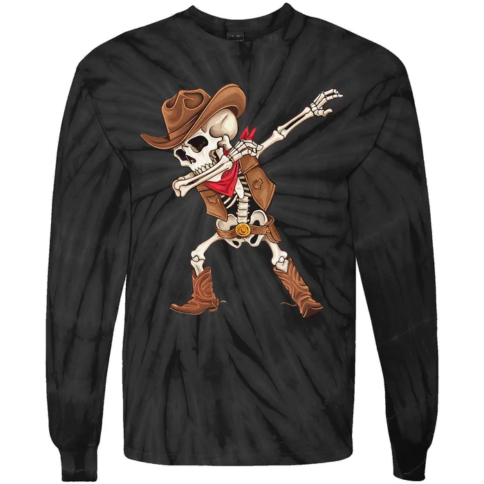 Dabbing Skeleton Cowboy Halloween Costume Gift Tie-Dye Long Sleeve Shirt