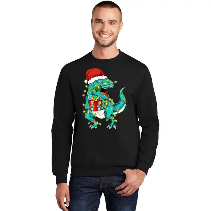 Dinosaur Santa  Christmas Tree Lights Sweatshirt