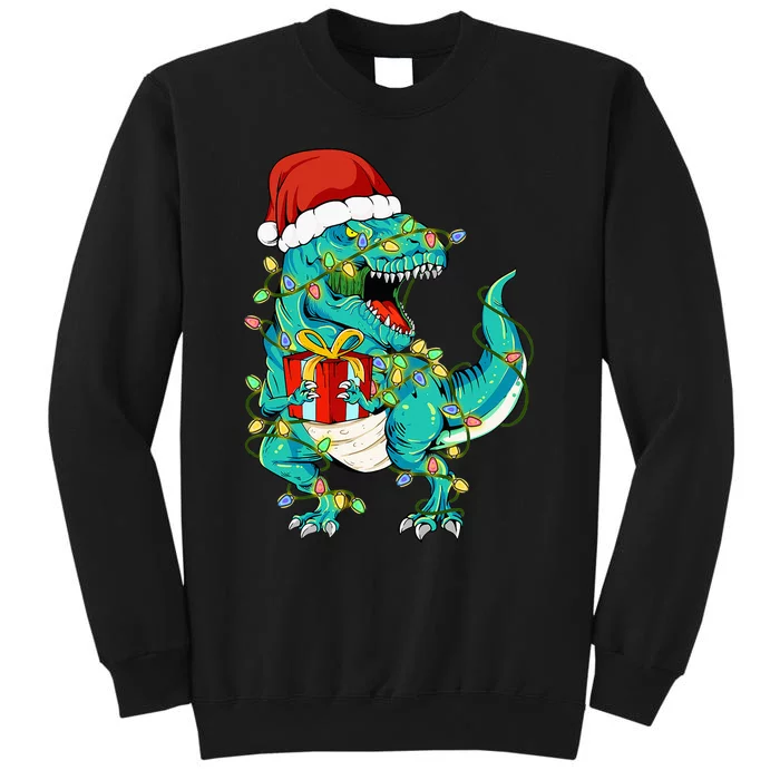 Dinosaur Santa  Christmas Tree Lights Sweatshirt