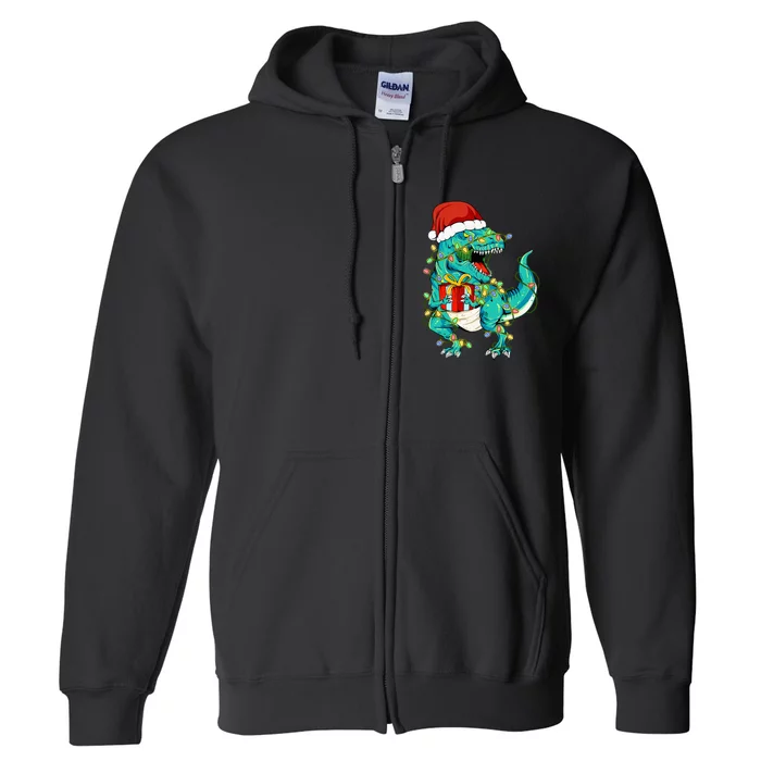 Dinosaur Santa  Christmas Tree Lights Full Zip Hoodie