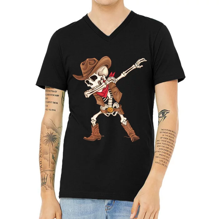 Dabbing Skeleton Cowboy Halloween Costume V-Neck T-Shirt