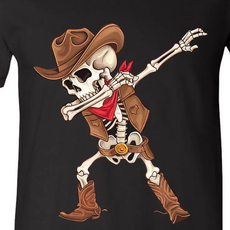 Dabbing Skeleton Cowboy Halloween Costume V-Neck T-Shirt