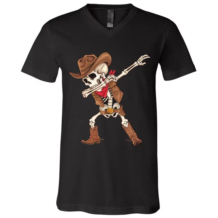 Dabbing Skeleton Cowboy Halloween Costume V-Neck T-Shirt