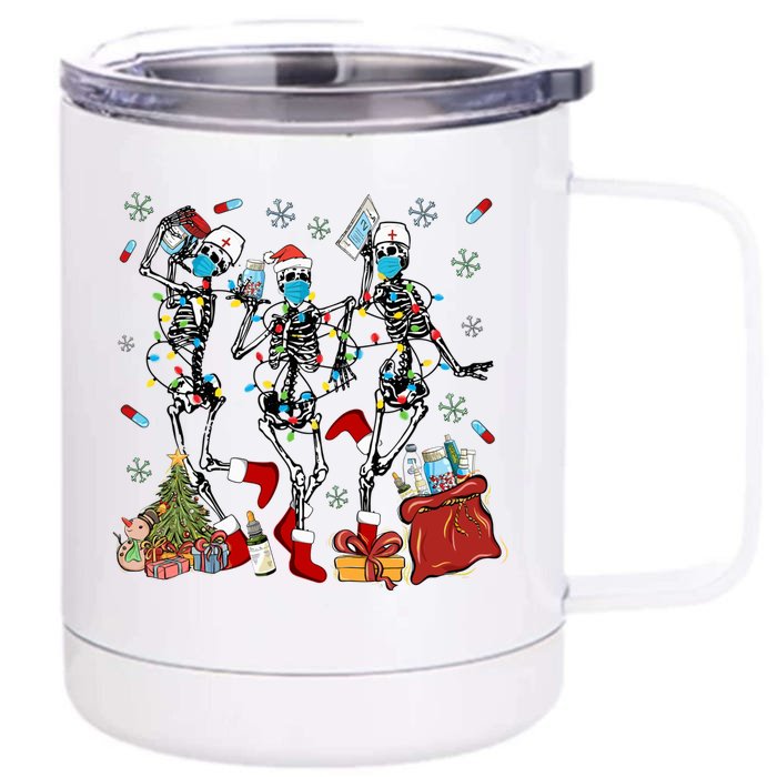 Dancing Skeleton Christmas Lights Nurse Nursing Scrub Xmas Gift Front & Back 12oz Stainless Steel Tumbler Cup