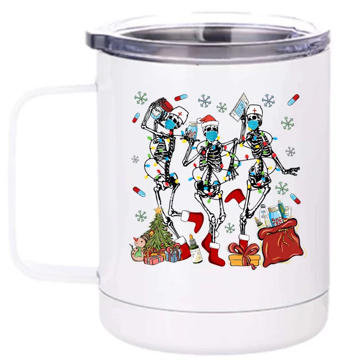 Dancing Skeleton Christmas Lights Nurse Nursing Scrub Xmas Gift Front & Back 12oz Stainless Steel Tumbler Cup