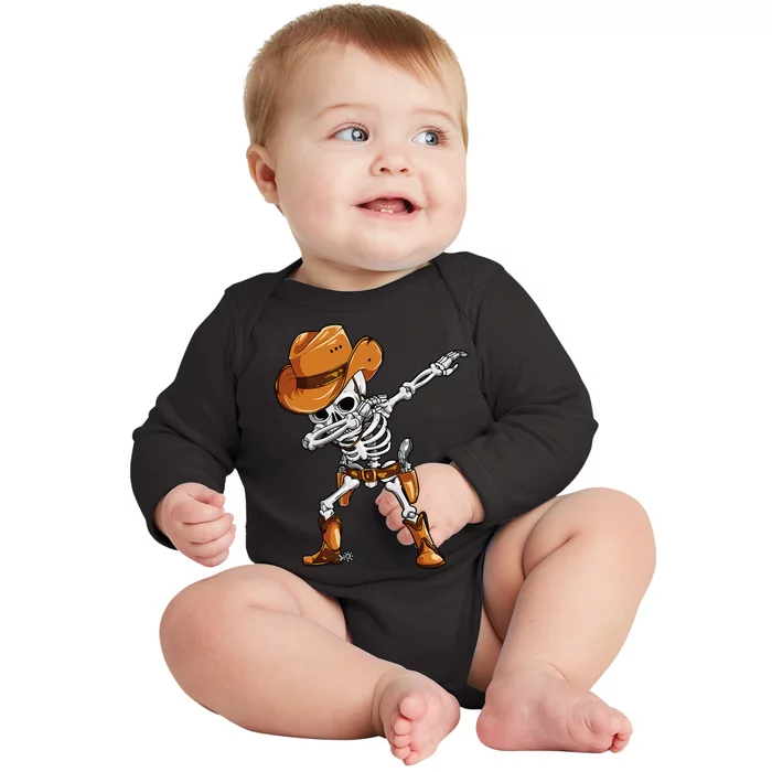 Dabbing Skeleton Cowboy Halloween Funny Dab Dance Baby Long Sleeve Bodysuit