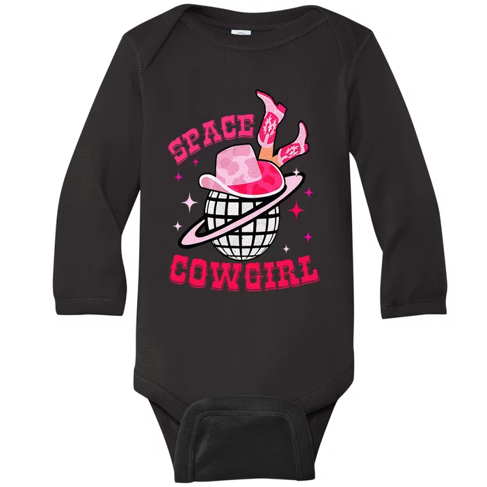 Disco Space Cowgirl Western Retro Pink Cowhide Baby Long Sleeve Bodysuit