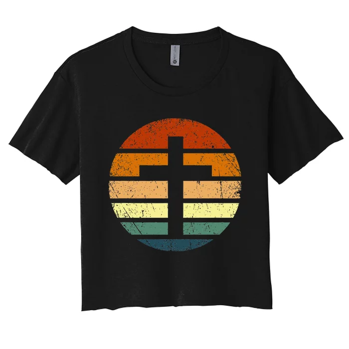 Distressed Sunset Cross Christian Design Women's Crop Top Tee