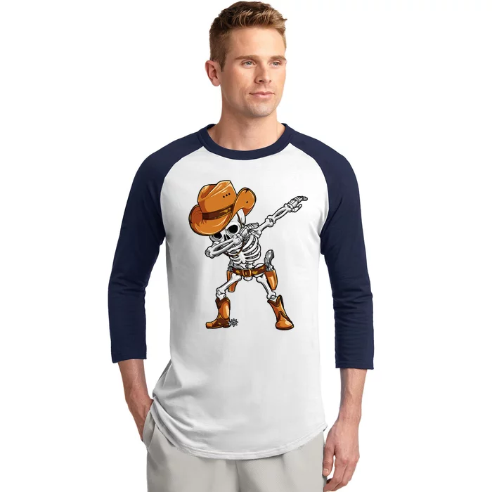 Dabbing Skeleton Cowboy Halloween Men Funny Dab Dance Baseball Sleeve Shirt