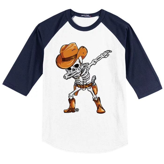 Dabbing Skeleton Cowboy Halloween Men Funny Dab Dance Baseball Sleeve Shirt