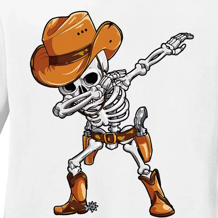 Dabbing Skeleton Cowboy Halloween Men Funny Dab Dance Ladies Long Sleeve Shirt