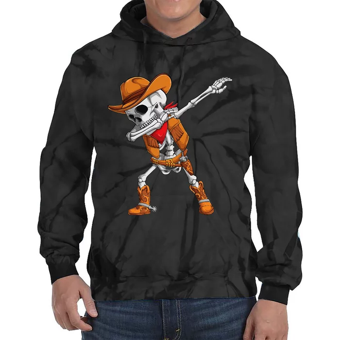 Dabbing Skeleton Cowboy Halloween Costume Tie Dye Hoodie