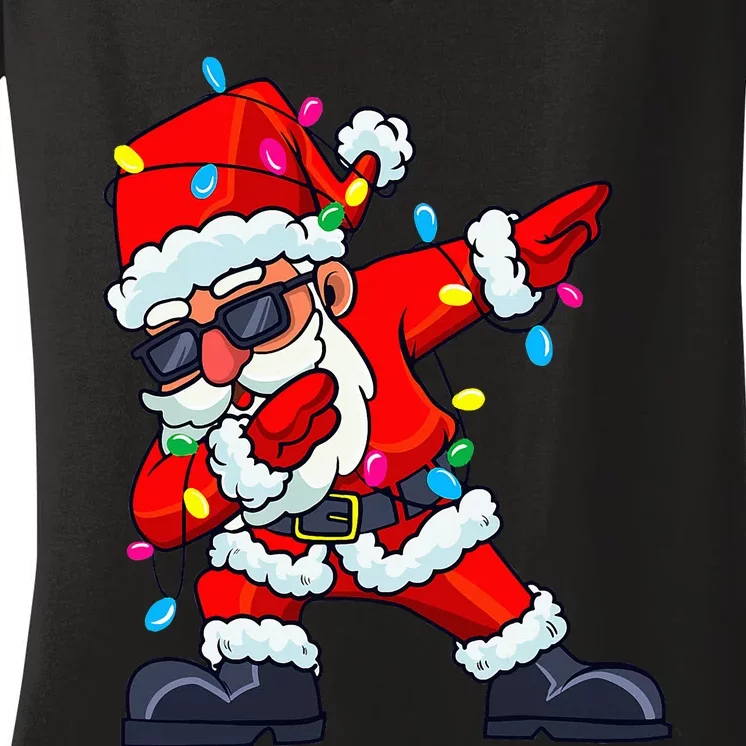 Dabbing Santa Claus Christmas Tree Lights Kids Dab Xmas Women's V-Neck T-Shirt