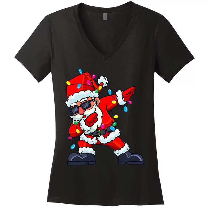 Dabbing Santa Claus Christmas Tree Lights Kids Dab Xmas Women's V-Neck T-Shirt