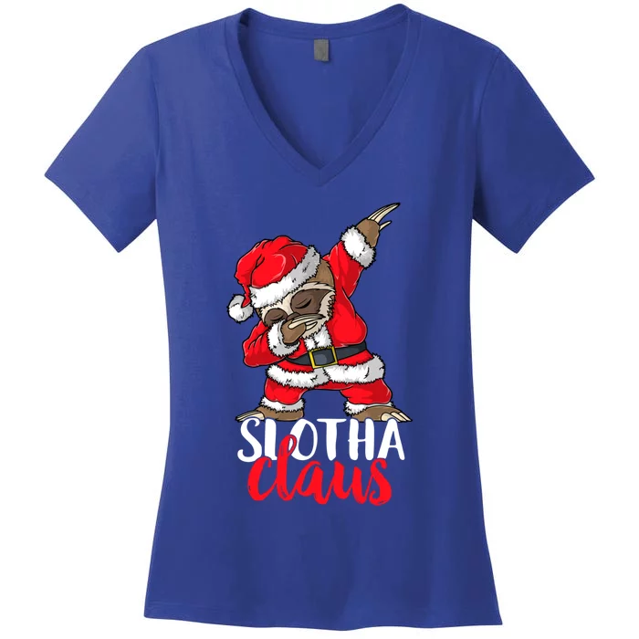 Dabbing Slotha Claus Merry Slothmas Christmas Pajama Meaningful Gift Women's V-Neck T-Shirt