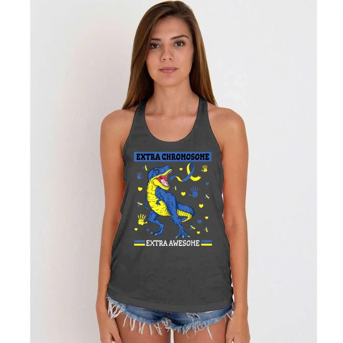 Down Syndrome Dinosaur T rex Extra Chromosome Extra Awesome Women's Knotted Racerback Tank