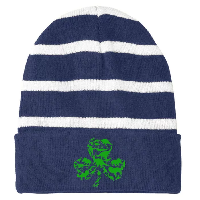 Dinosaur Shamrock Dino Clover Leaf St Patricks Day Striped Beanie with Solid Band