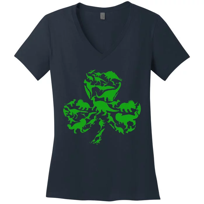 Dinosaur Shamrock Dino Clover Leaf St Patricks Day Women's V-Neck T-Shirt